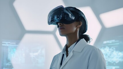 A female scientist with light brown skin wearing a lab coat and VR headset monitors deep-sea mining data in a clean, futuristic lab. Minimalist interior with holographic displays and soft lighting. 