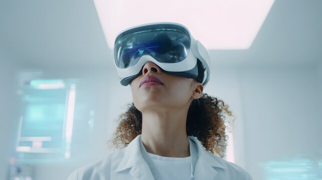 A female scientist with light brown skin wearing a lab coat and VR headset monitors deep-sea mining data in a clean, futuristic lab. Minimalist interior with holographic displays and soft lighting. 