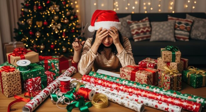 Stressed woman wrapping christmas gifts with tree and decorations in background