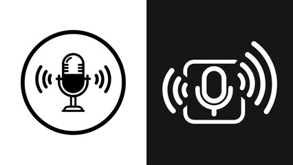 Microphone icons with sound waves in black and white, vector illustration for audio recording and voice command applications.