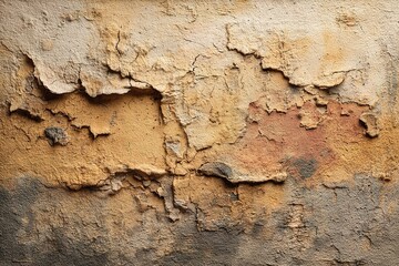 Fototapeta premium Textured wall surface displaying peeling paint and earthy tones in an abandoned building during daylight hours