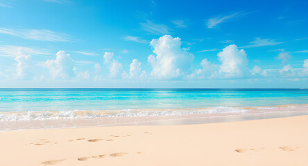 Obraz premium Sunny tropical beach with soft waves, blue sky, and scattered clouds, creating an idyllic vacation destination atmosphere