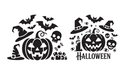  Halloween icon set featuring candy pumpkin skull bat and festive symbols for seasonal designs silhouette vector