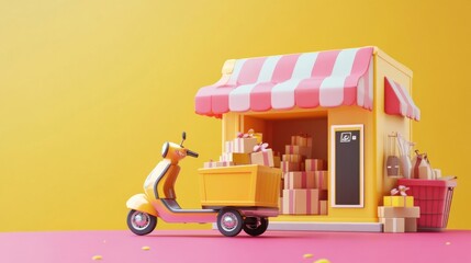 Fototapeta premium E-commerce idea featuring a delivery service via mobile app, with transportation by truck or scooter. 3D render.