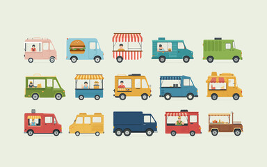 Collection of Food Trucks with Various Designs and Bright Colors Illustration of Mobile Catering Services and Street Food Vendors