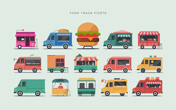 Vibrant Food Truck Fiesta with Diverse Offerings for Culinary Adventures and Street Food Lovers Illustration