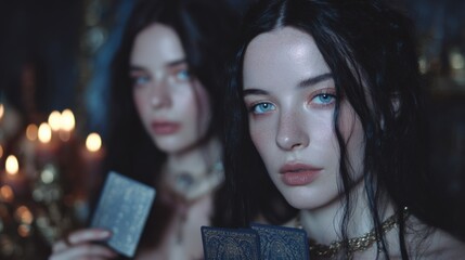 Women holds metaphorical oracle cards in quiet reflection, entering deep emotional process of insight, transformation, and personal spiritual alignment