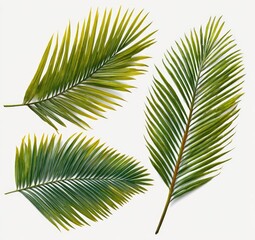 Obraz premium Four vibrant palm fronds, varying in shades of green and yellow, isolated on a white background, showcasing their delicate textures and elegant shapes