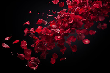 Red rose petals falling on a black background