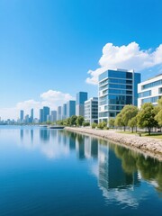 Obraz premium Modern skyscrapers reflecting in calm water under a clear blue sky