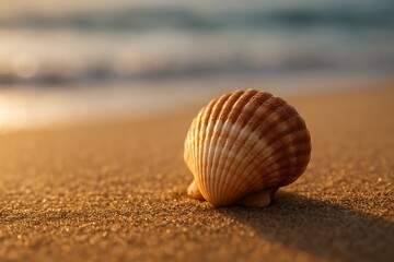 Seashell on sandy beach with gentle waves at sunset