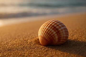 Seashell resting on a sandy beach at sunset