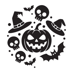 Halloween icon set featuring pumpkin skull bat and festive symbols for seasonal designs silhouette vector 