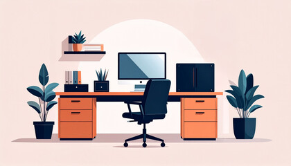Fototapeta premium An organized and tidy office workspace featuring a computer monitor and potted plants. The minimalist design of the desk and the office chair create a clean and modern environment