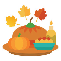 Flat vector illustration of a traditional thanksgiving dinner spread with festive food and decorative elements