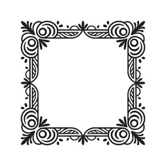 Decorative square frame with floral and swirl elements in black and white design isolated art