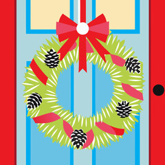 Fototapeta premium Christmas wreath with pinecones and red bow hanging on door. 