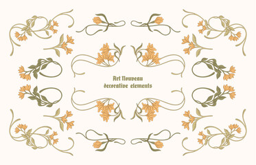 Art Nouveau floral frames, corners, and borders. Vector.
