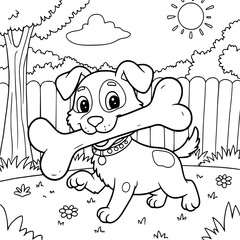 Obraz premium A happy puppy holding a giant bone coloring page