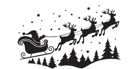 Santa Claus on sleigh flying sky with reindeers black vector silhouette , Silhouette of santa claus