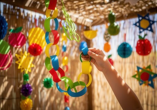 Child’s hand decorating a sukkah with colorful paper chains for Sukkot celebration