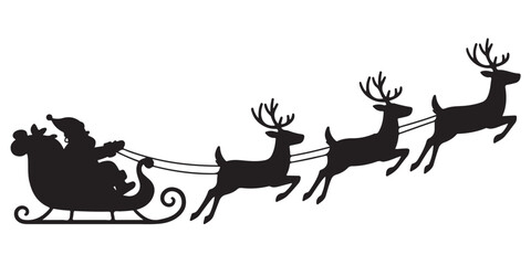 Santa Claus on sleigh flying sky with reindeers black vector silhouette , Silhouette of santa claus