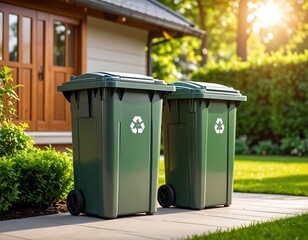 Two green recycling bins stand on a paved walkway.