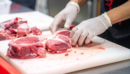 Hands of a butcher preparing fresh meat on a cutting board