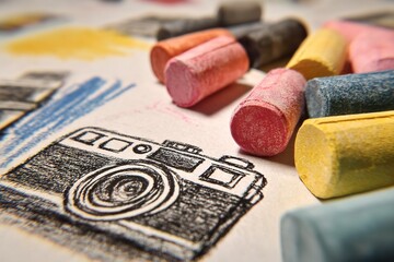Colorful chalk pieces beside a hand-drawn camera illustration on paper