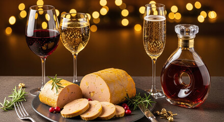 Still life featuring foie gras with wine glasses and a bottle against a bokeh background