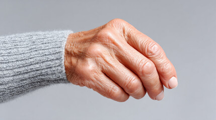 Fototapeta premium Close up of aged hand with visible veins, wrinkled skin, natural nails, and gray sweater, isolated on neutral background