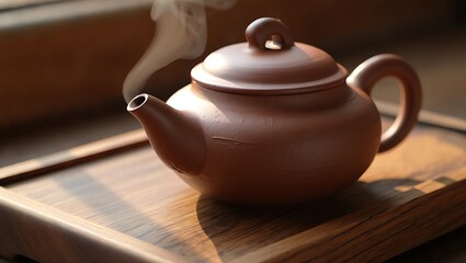 Steaming clay teapot on a wooden tray