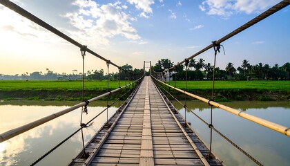 Fototapeta premium Wooden suspension bridge over calm river in rural Bangladesh with green fields and blue sky