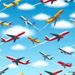 air travel seamless pattern colorful jets soaring through clouds