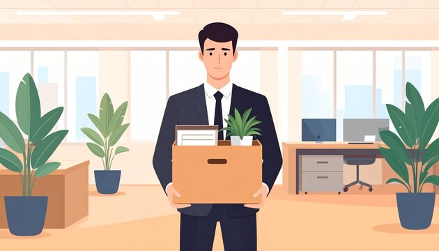 A man leaves the office, holding a box of his belongings