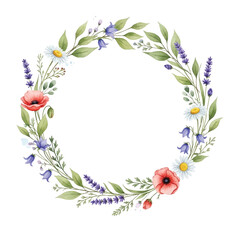 Fototapeta premium A watercolor flower arrangement in a circular shape with red poppy, white daisy, purple lavender, and bluebell.