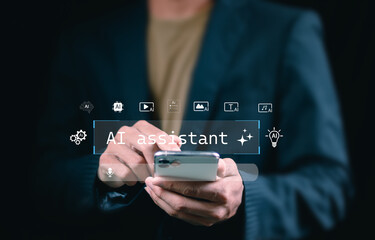 Businessman using AI assistant interface with futuristic digital icons, representing artificial intelligence technology for automation, search, and productivity in business and daily tasks. Smart AI