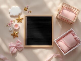 Newborn baby girl celebration concept featuring a blank letter board mockup with pink nursery decor and accessories