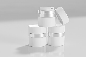 airless cream pump bottle mockup, cylindrical skincare packaging with pump dispenser, acrylic cosmetic jar with silver metallic decoration, facial moisturizer cream jar vacuum bottle mockup