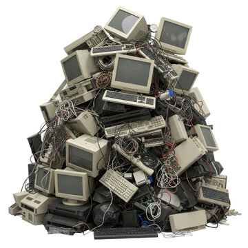 Pile of obsolete computer equipment for recycling concept isolated PNG with Transparent Background