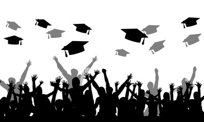 Happy graduate students with graduating caps and diploma. Cheerful graduation event silhouettes.