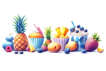 Vibrant Summer Fruit and Dessert Still Life:  Playful, Cartoon Style, White Background