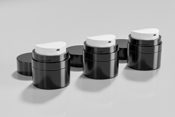 luxury glossy black skincare pump packaging, airless skincare cylindrical packaging with pump dispenser, facial moisturizer cream vacuum Bottle, glossy black acrylic cosmetic packaging mockup