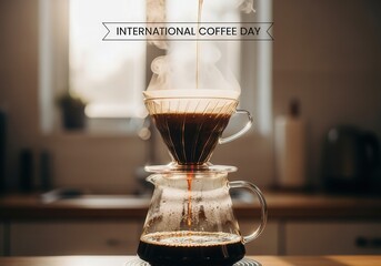 International Coffee Day. Freshly brewed pour-over coffee in a glass dripper with steam rising in a cozy kitchen