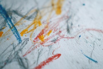 Colorful chalk drawings create a vibrant texture on white paper in a creative workspace during daylight hours