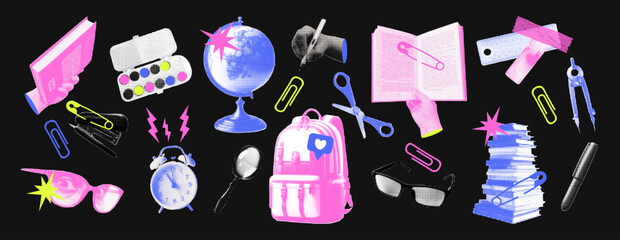 Back to school concept halftone collage. Trendy education duotone collage elements set. Globe, hand, backpack, paints, pen, books, glasses, pencil. Retro vector illustration.