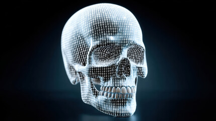 Digital skull with binary code pattern, glowing effect, futuristic and high tech concept, dark background, cyber security, artificial intelligence