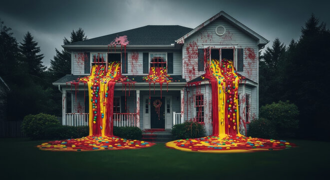 Suburban home overflowing with colorful candy from windows, doors, and roof, creating a sweet and surreal landscape.