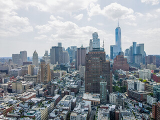 Aerial city scape of skyscraper buildings SoHo Manhattan on a sunny summer day in New York City