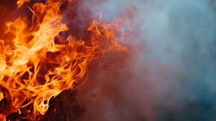Intense closeup of vibrant orange and red flames with swirling smoke against dark background, highlighting dynamic energy and fiery glow with copy space on right